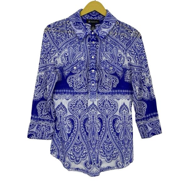 VTG Y2K Fairy Grunge Paisley Mesh Button Front Top Large White Blue Long Sleeve - Picture 1 of 8